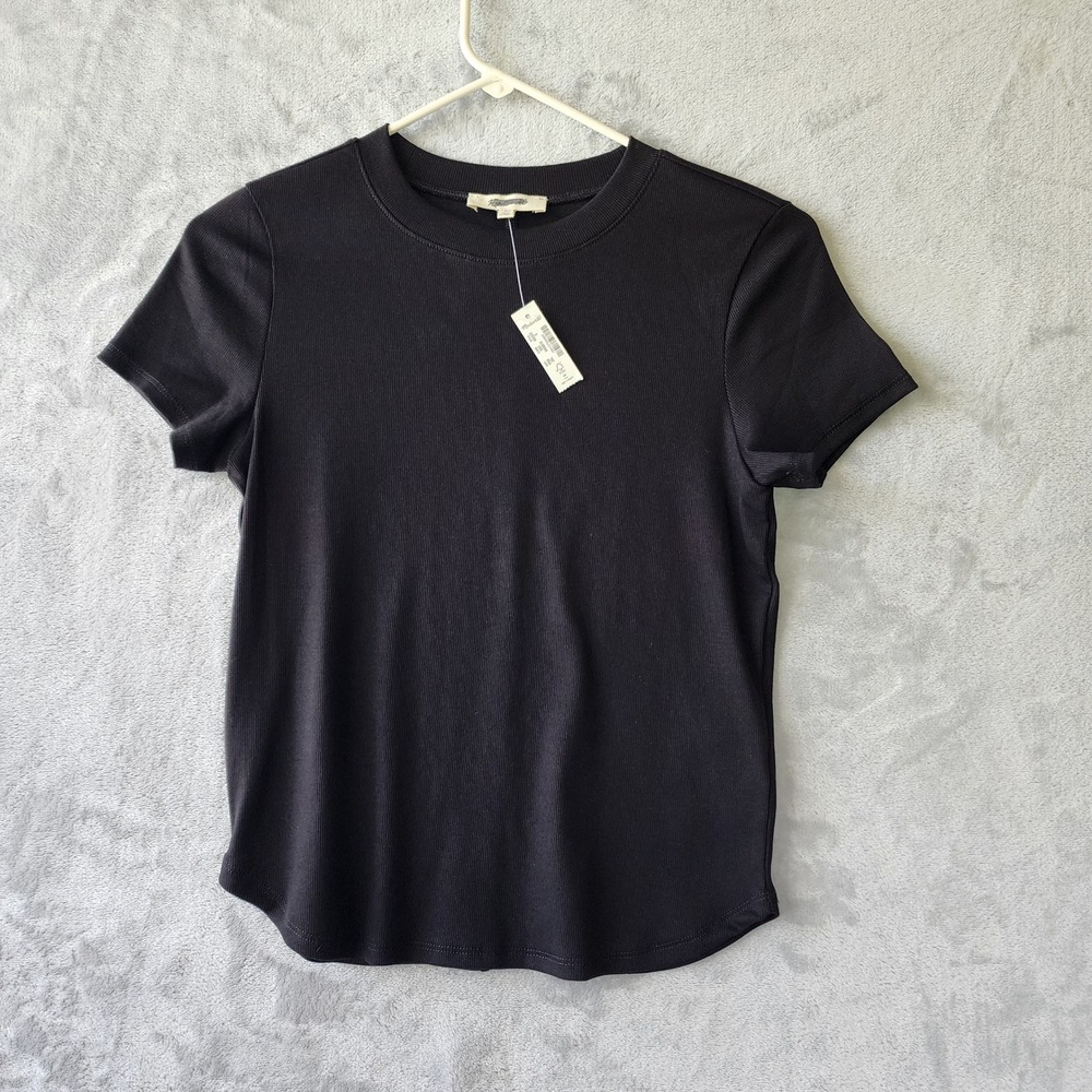 Madewell Ribbed Tee Shirt Womens Small Jet Black Crewneck Cotton Regenerative